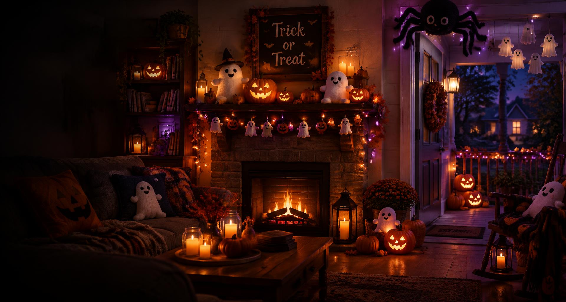 Cozy living room decorated with glowing pumpkins, plush ghosts and candles for Halloween